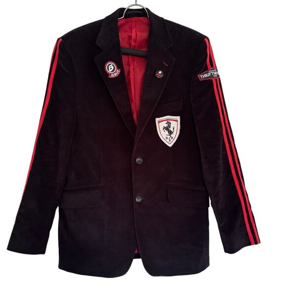 Beicebe Black Velvet Blazer Jacket Car Racing Red Stripes Mens Size 38 Preppy - Picture 1 of 12